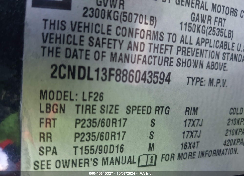 2008 CHEVROLET EQUINOX LS VIN: 2CNDL13F886043594