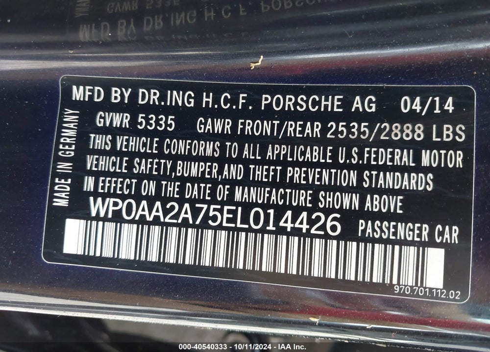 2014 PORSCHE PANAMERA 4 VIN: WP0AA2A75EL014426
