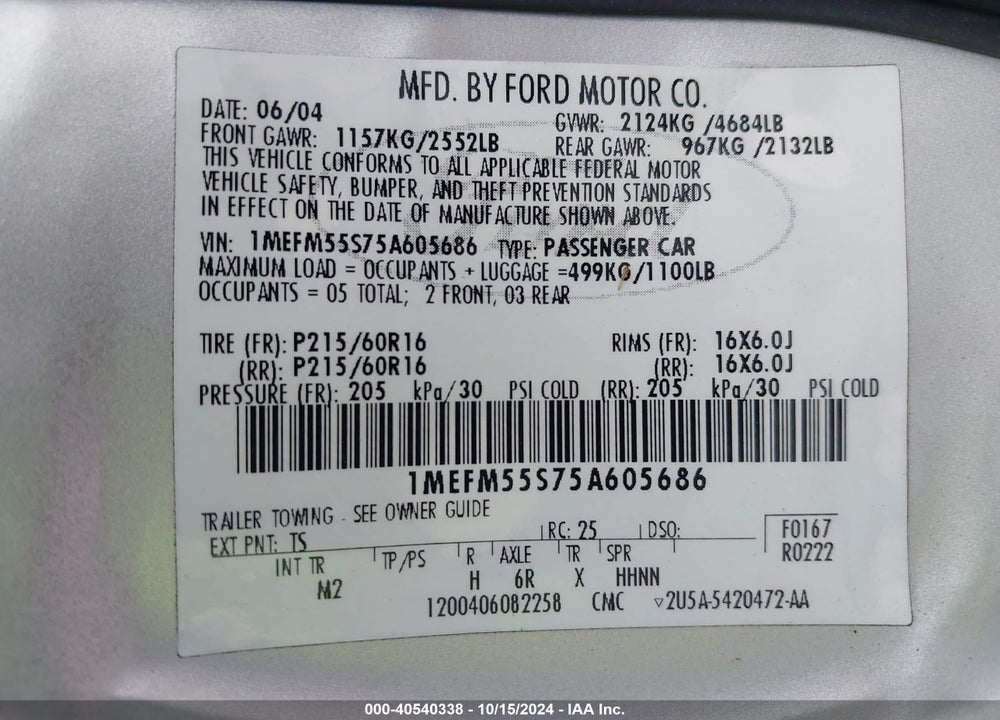 2005 MERCURY SABLE LS VIN: 1MEFM55S75A605686