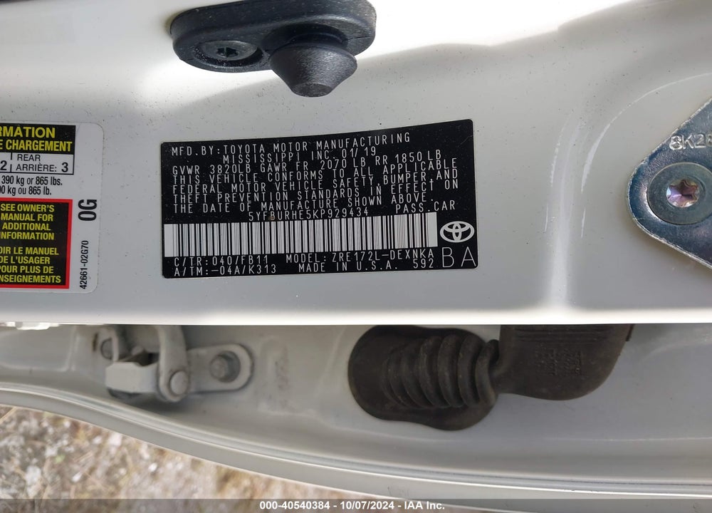2019 TOYOTA COROLLA LE VIN: 5YFBURHE5KP929434