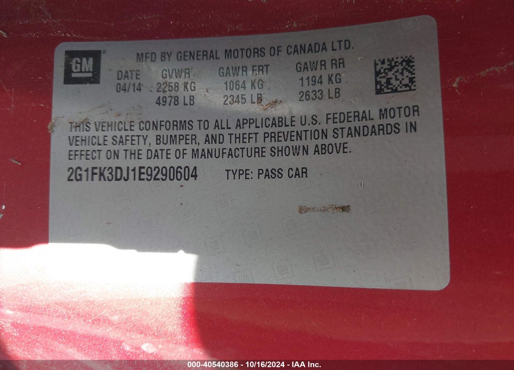 2014 CHEVROLET CAMARO 2SS VIN: 2G1FK3DJ1E9290604