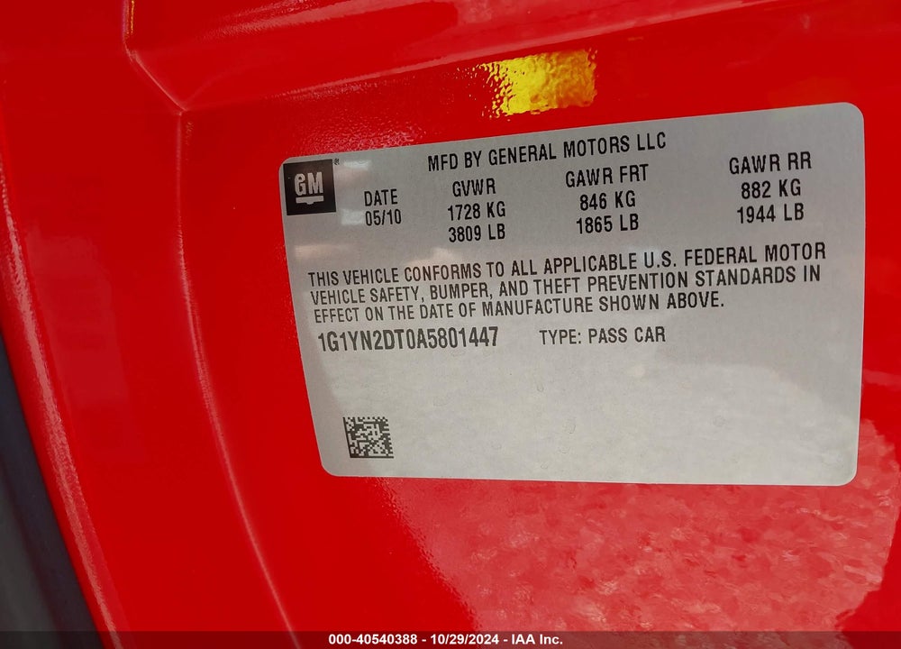 2010 CHEVROLET CORVETTE ZR1 VIN: 1G1YN2DT0A5801447