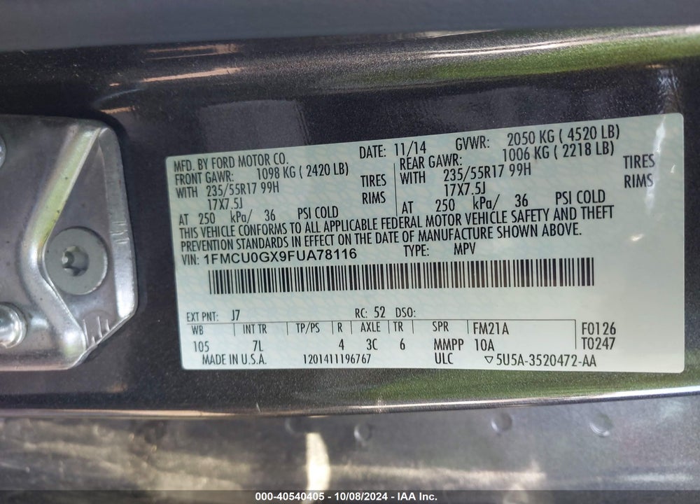 2015 FORD ESCAPE SE VIN: 1FMCU0GX9FUA78116