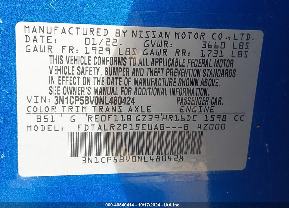 2022 NISSAN KICKS S XTRONIC CVT VIN: 3N1CP5BV0NL480424