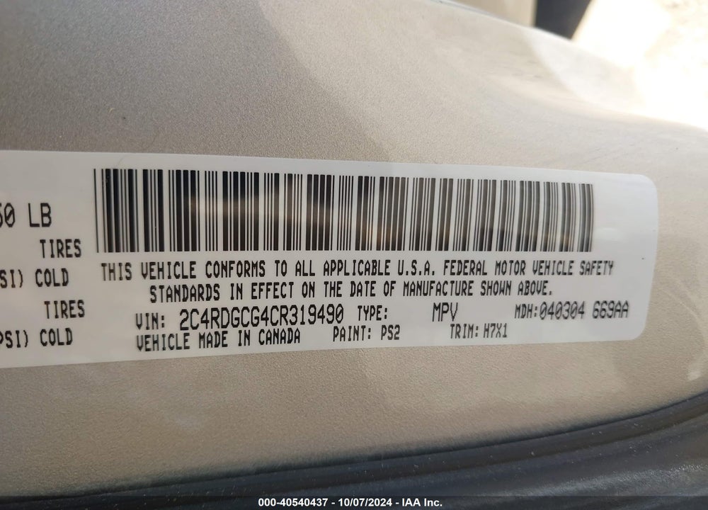 2012 DODGE GRAND CARAVAN SXT VIN: 2C4RDGCG4CR319490