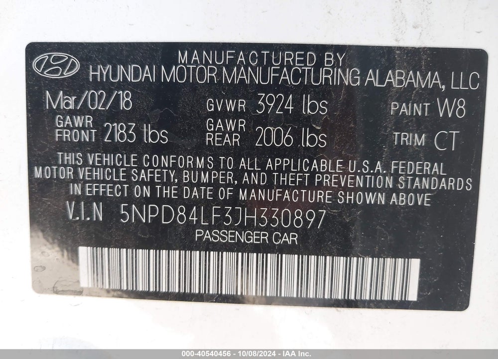 2018 HYUNDAI ELANTRA SEL VIN: 5NPD84LF3JH330897