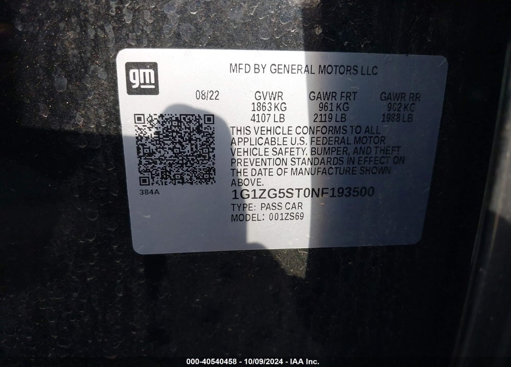 2022 CHEVROLET MALIBU FWD RS VIN: 1G1ZG5ST0NF193500