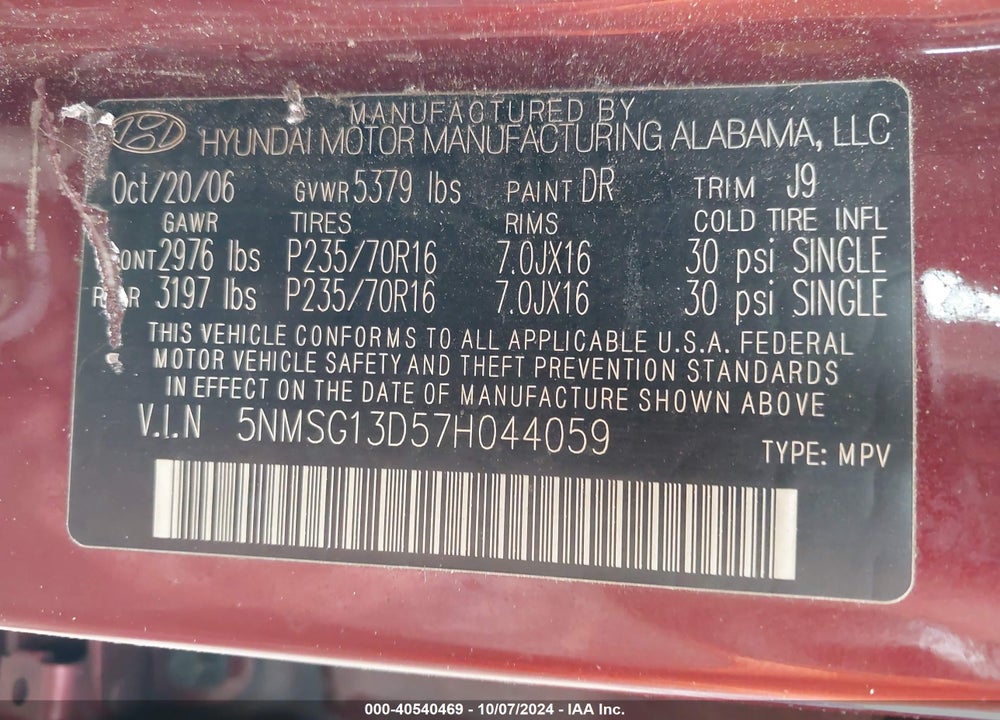 2007 HYUNDAI SANTA FE GLS VIN: 5NMSG13D57H044059
