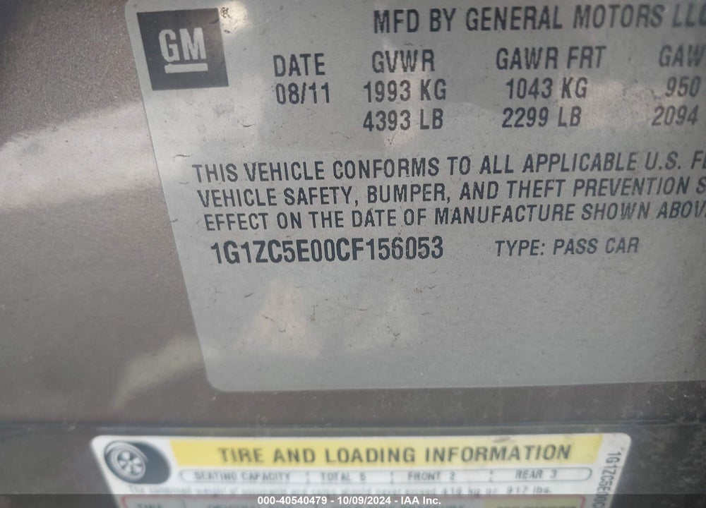 2012 CHEVROLET MALIBU 1LT VIN: 1G1ZC5E00CF156053