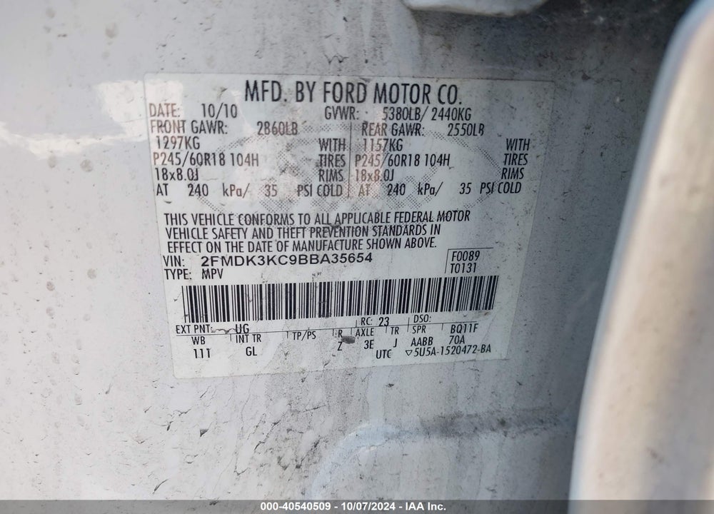 2011 FORD EDGE LIMITED VIN: 2FMDK3KC9BBA35654