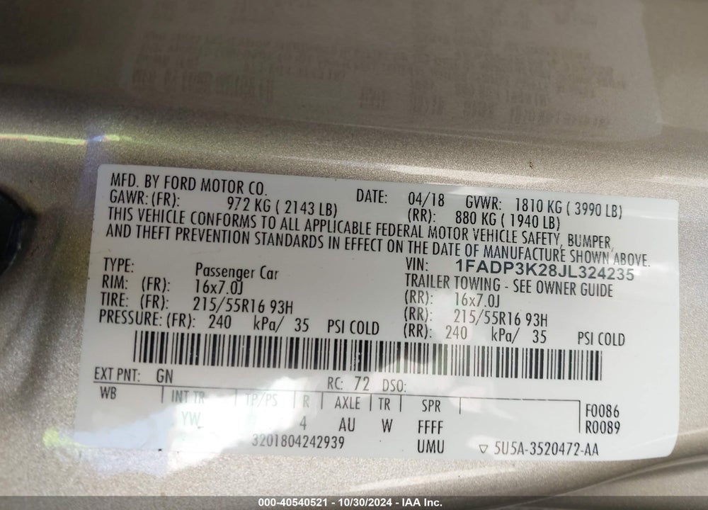 2018 FORD FOCUS SE VIN: 1FADP3K28JL324235
