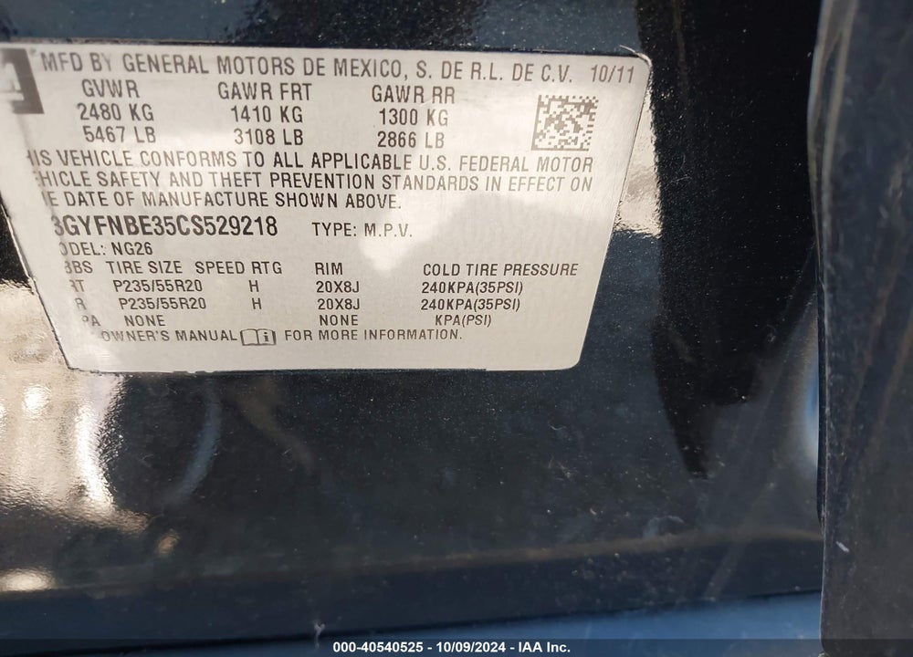2012 CADILLAC SRX PERFORMANCE COLLECTION VIN: 3GYFNBE35CS529218