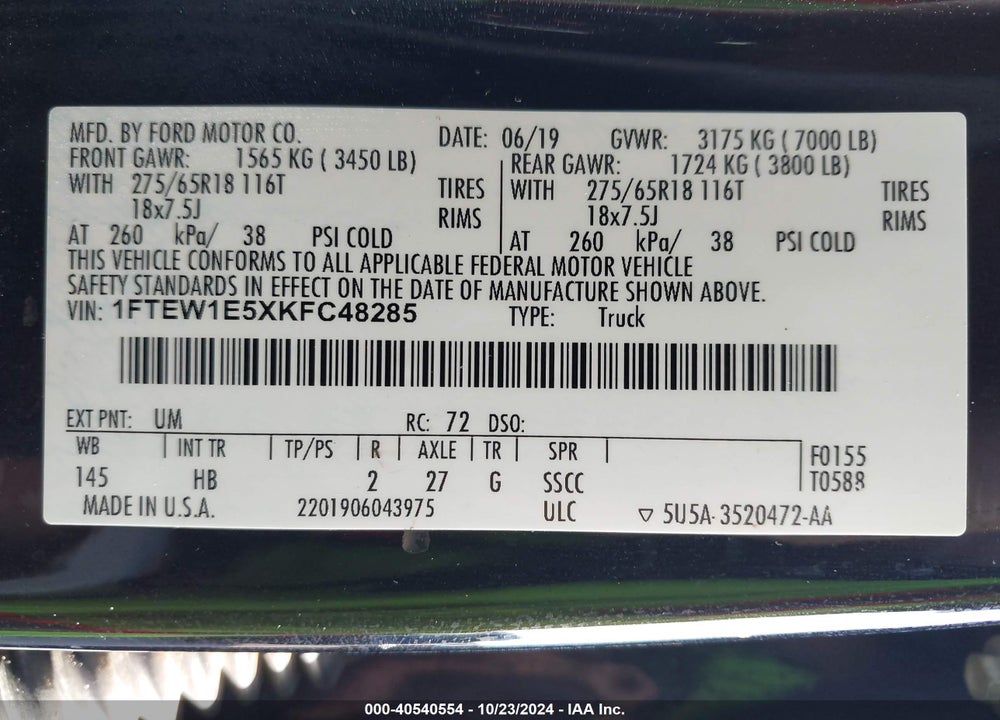 2019 FORD F-150 LARIAT VIN: 1FTEW1E5XKFC48285