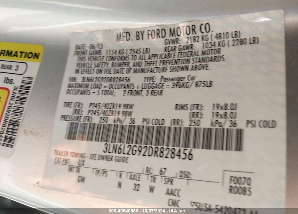 2013 LINCOLN MKZ VIN: 3LN6L2G92DR828456