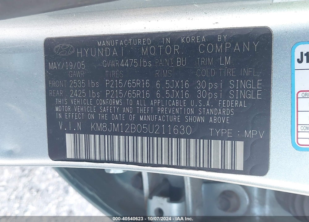 2005 HYUNDAI TUCSON GL VIN: KM8JM12B05U211630