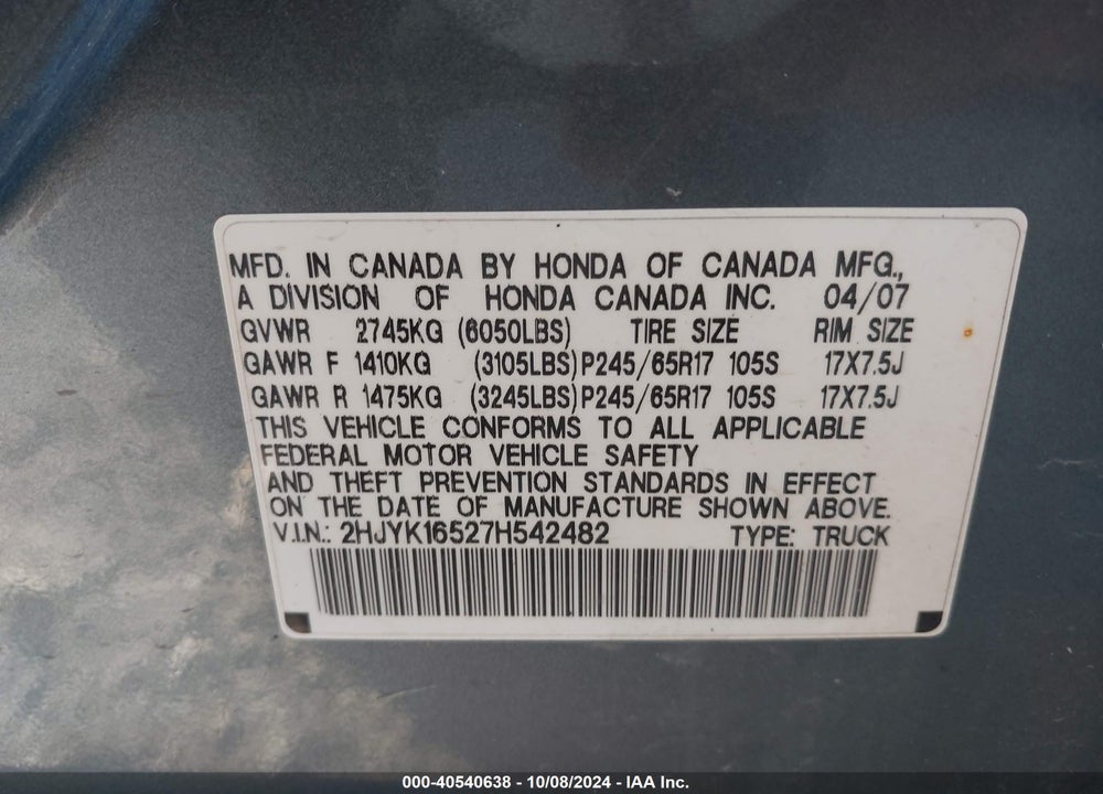 2007 HONDA RIDGELINE RTL VIN: 2HJYK16527H542482