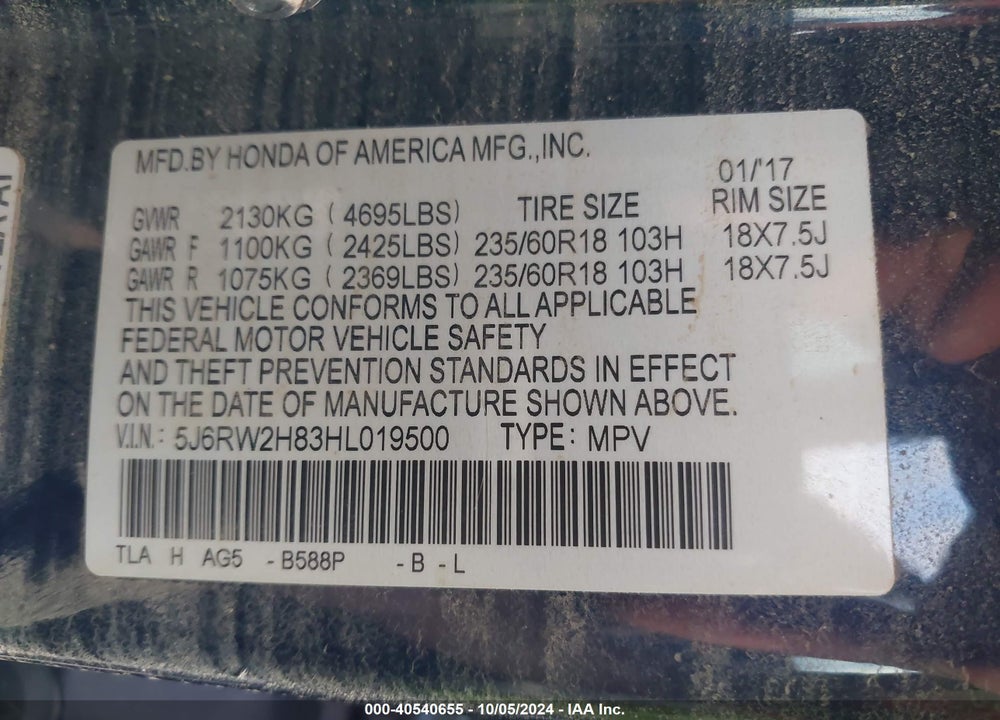 2017 HONDA CR-V EX-L/EX-L NAVI VIN: 5J6RW2H83HL019500
