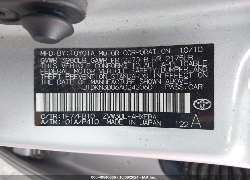 2010 TOYOTA PRIUS II VIN: JTDKN3DU6A0242060
