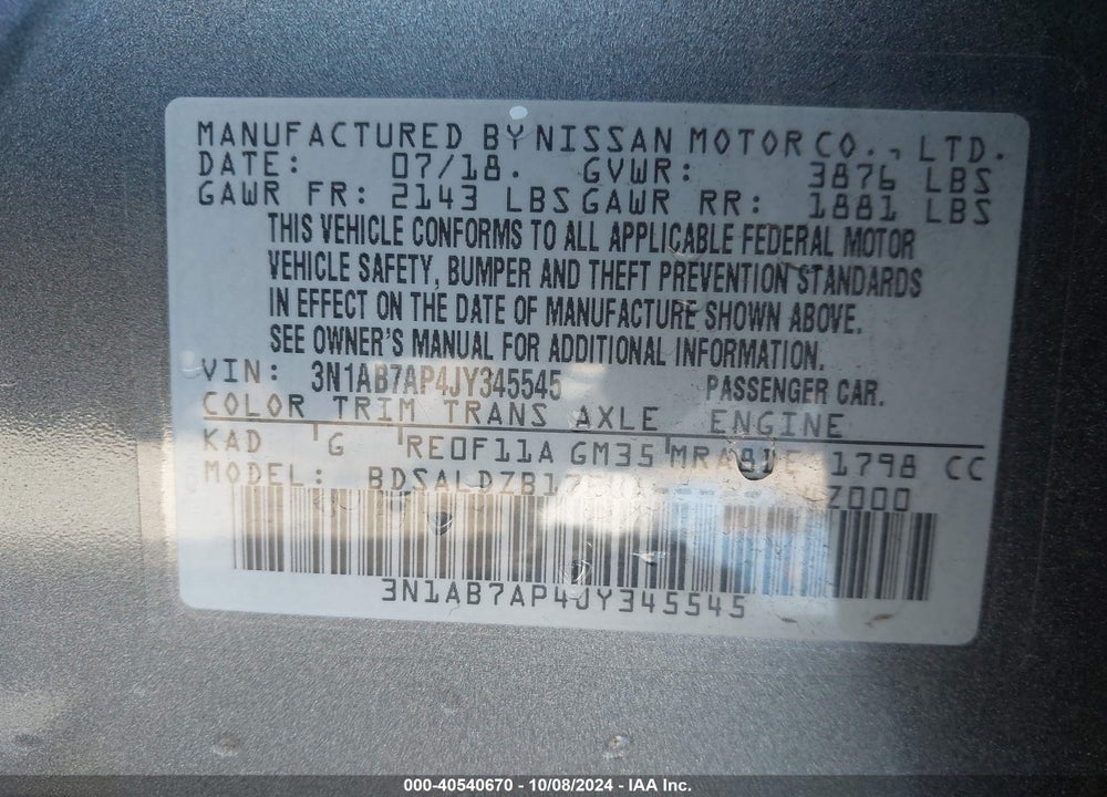 2018 NISSAN SENTRA SV VIN: 3N1AB7AP4JY345545
