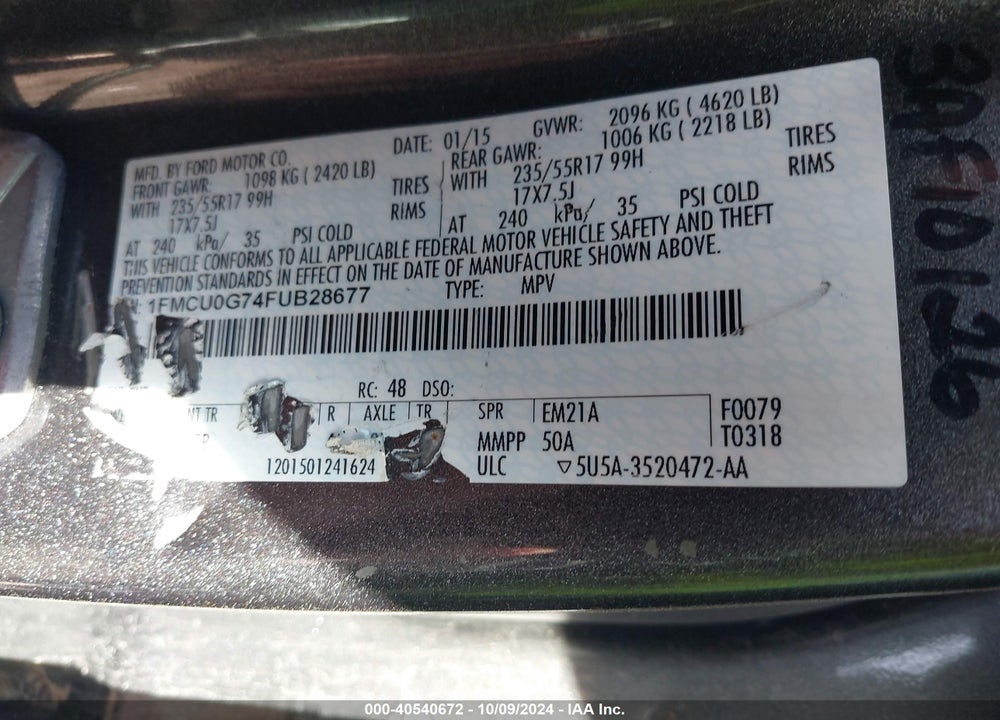 2015 FORD ESCAPE SE VIN: 1FMCU0G74FUB28677
