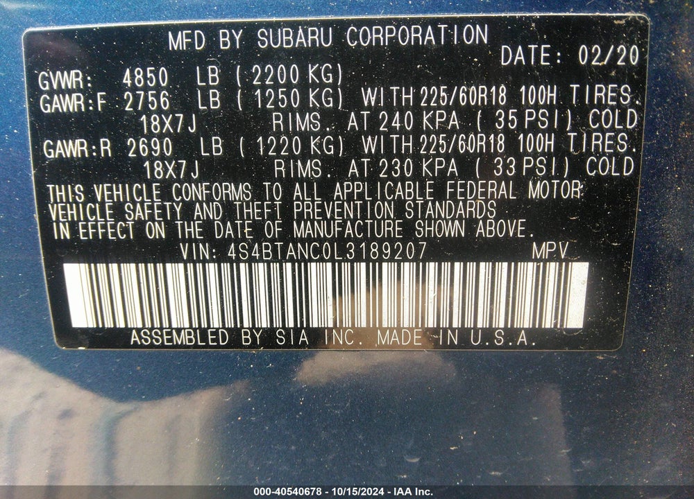 2020 SUBARU OUTBACK LIMITED VIN: 4S4BTANC0L3189207