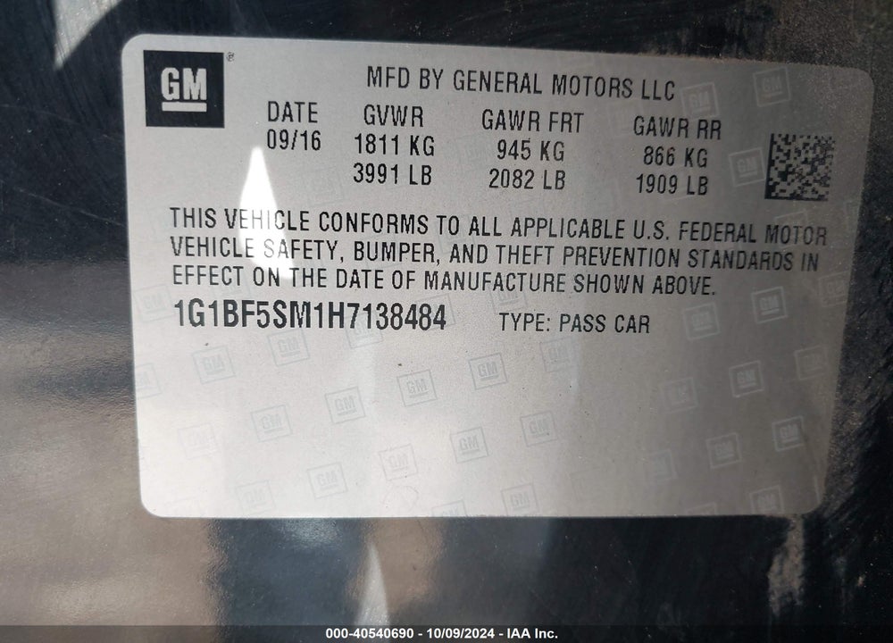 2017 CHEVROLET CRUZE PREMIER AUTO VIN: 1G1BF5SM1H7138484
