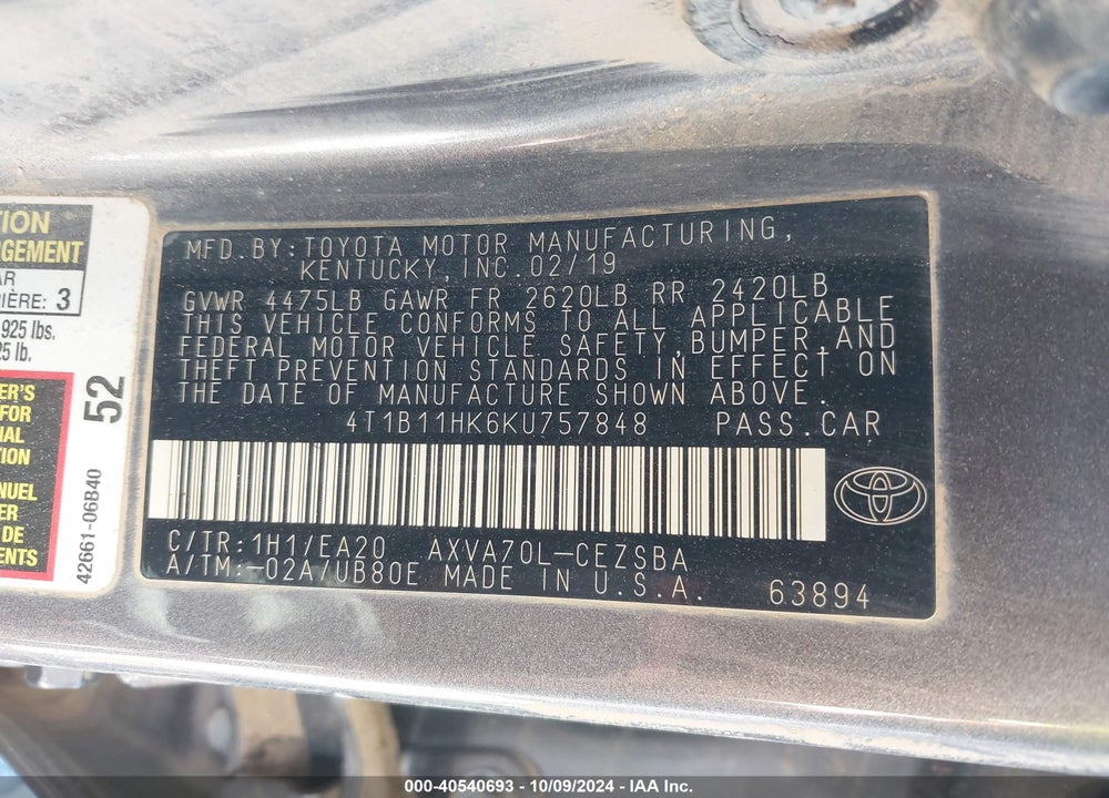 2019 TOYOTA CAMRY SE VIN: 4T1B11HK6KU757848