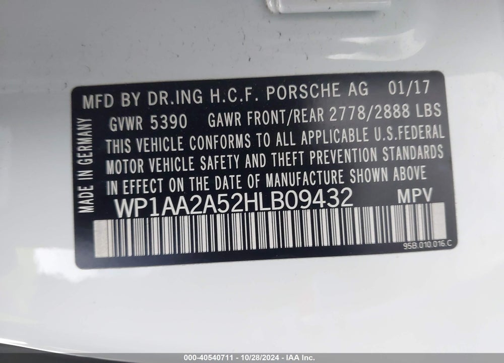 2017 PORSCHE MACAN VIN: WP1AA2A52HLB09432