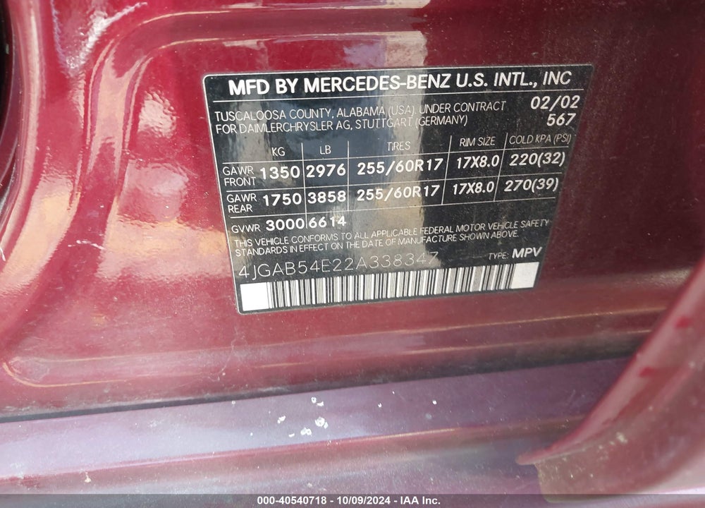 2002 MERCEDES-BENZ ML 320 VIN: 4JGAB54E22A338347
