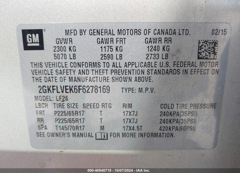 2015 GMC TERRAIN SLE-1 VIN: 2GKFLVEK6F6278169