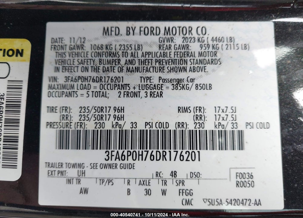 2013 FORD FUSION SE VIN: 3FA6P0H76DR176201