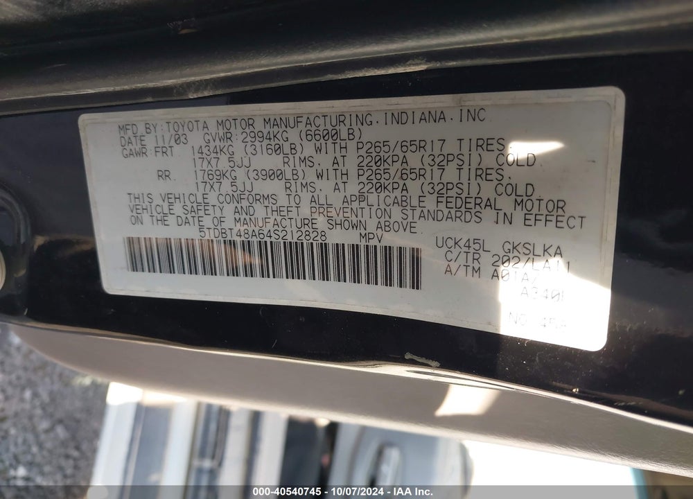 2004 TOYOTA SEQUOIA LIMITED V8 VIN: 5TDBT48A64S212828