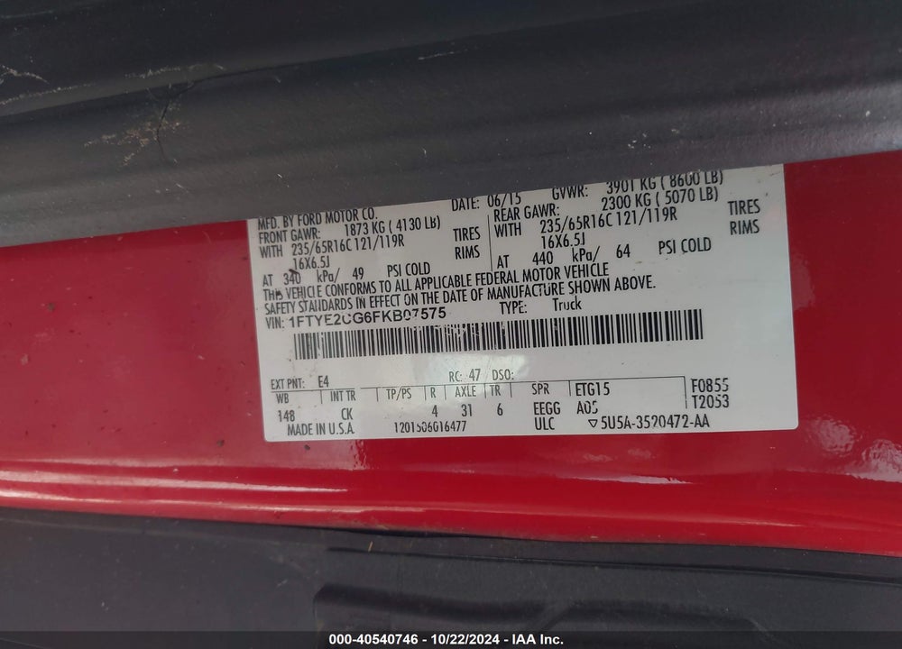 2015 FORD TRANSIT-150 VIN: 1FTYE2CG6FKB07575
