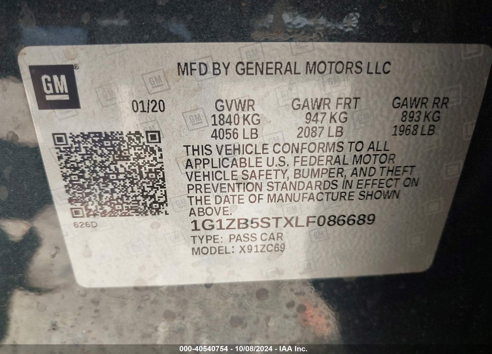 2020 CHEVROLET MALIBU FWD LS VIN: 1G1ZB5STXLF086689