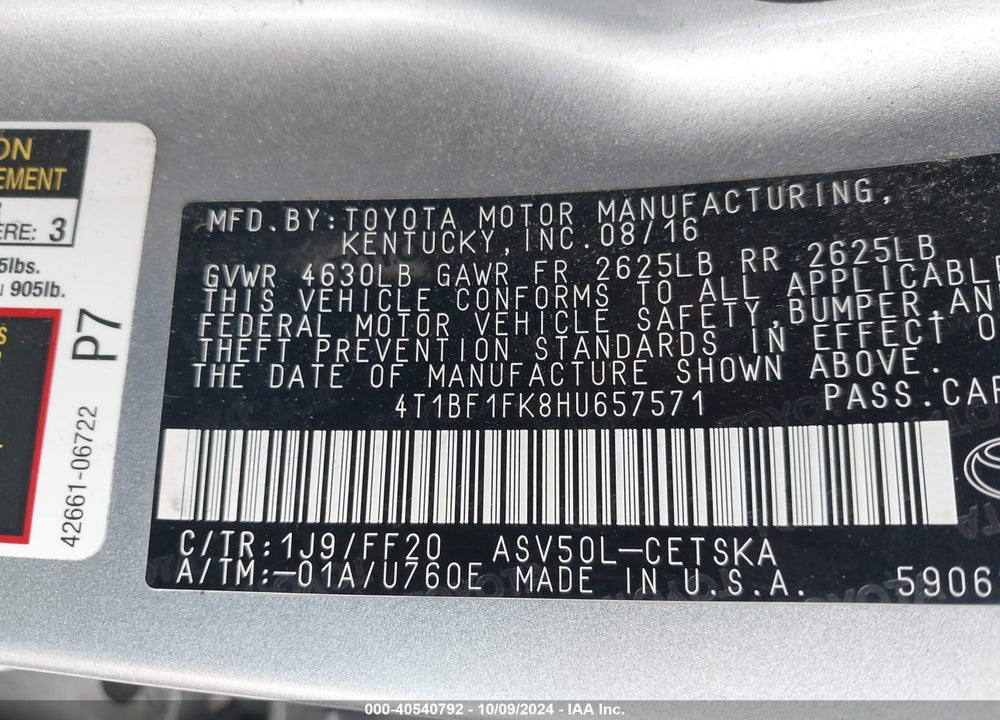 2017 TOYOTA CAMRY SE VIN: 4T1BF1FK8HU657571