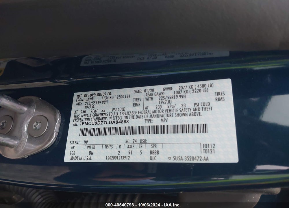2020 FORD ESCAPE TITANIUM HYBRID VIN: 1FMCU0DZ7LUA84868