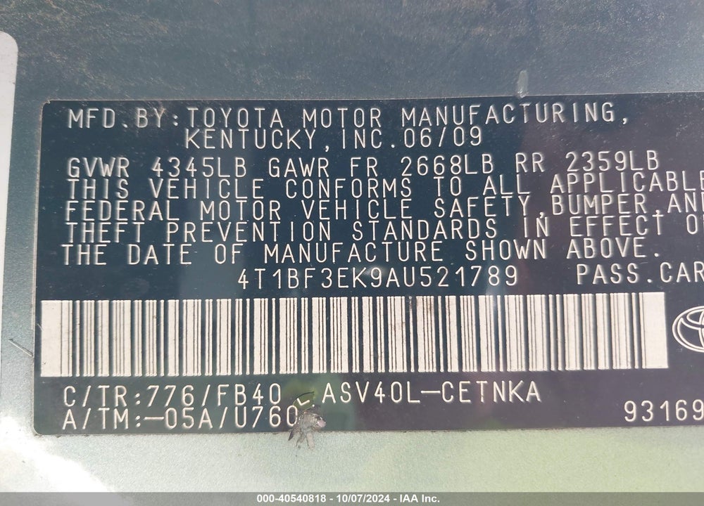 2010 TOYOTA CAMRY LE VIN: 4T1BF3EK9AU521789
