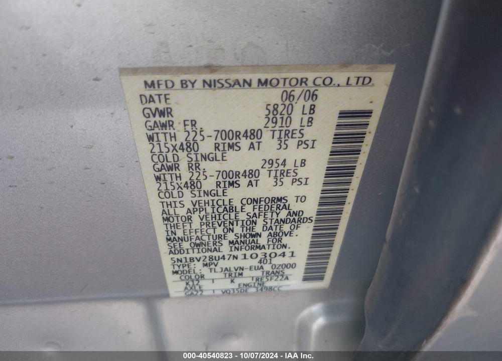 2007 NISSAN QUEST 3.5 SE VIN: 5N1BV28U47N103041