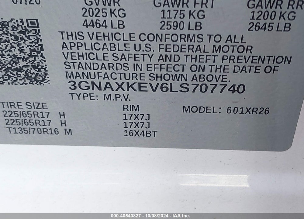 2020 CHEVROLET EQUINOX FWD LT 1.5L TURBO VIN: 3GNAXKEV6LS707740