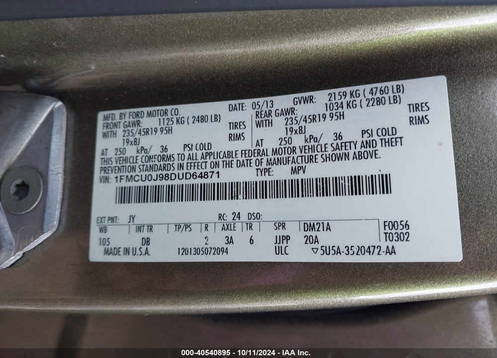 2013 FORD ESCAPE TITANIUM VIN: 1FMCU0J98DUD64871