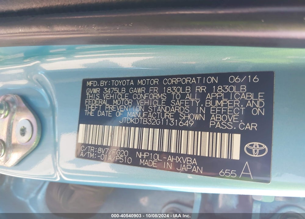 2016 TOYOTA PRIUS C TWO VIN: JTDKDTB32G1131649