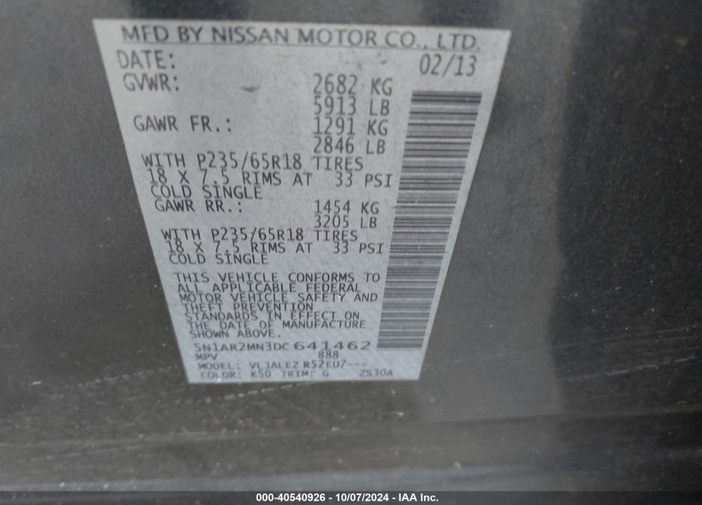 2013 NISSAN PATHFINDER SV VIN: 5N1AR2MN3DC641462