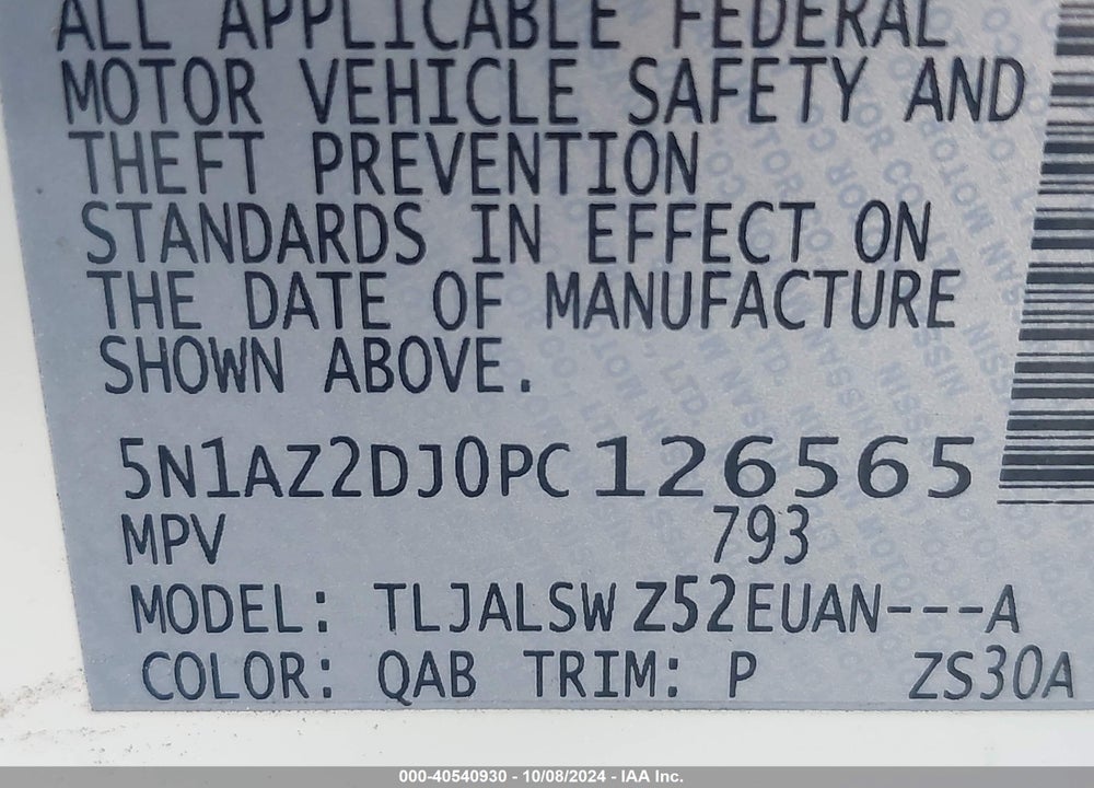 2023 NISSAN MURANO PLATINUM FWD VIN: 5N1AZ2DJ0PC126565
