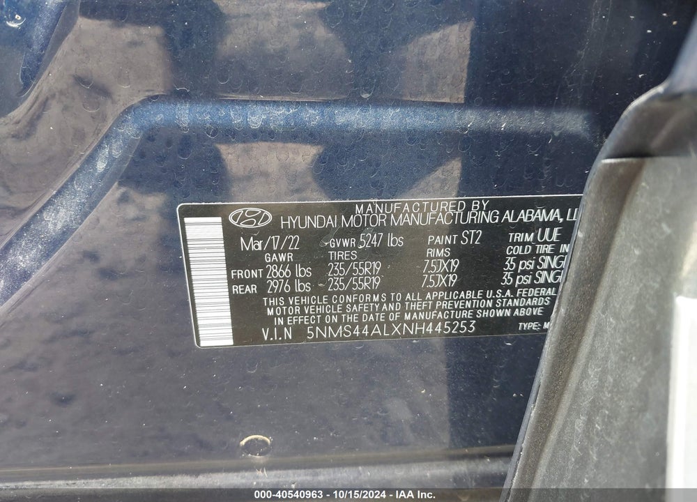 2022 HYUNDAI SANTA FE LIMITED VIN: 5NMS44ALXNH445253