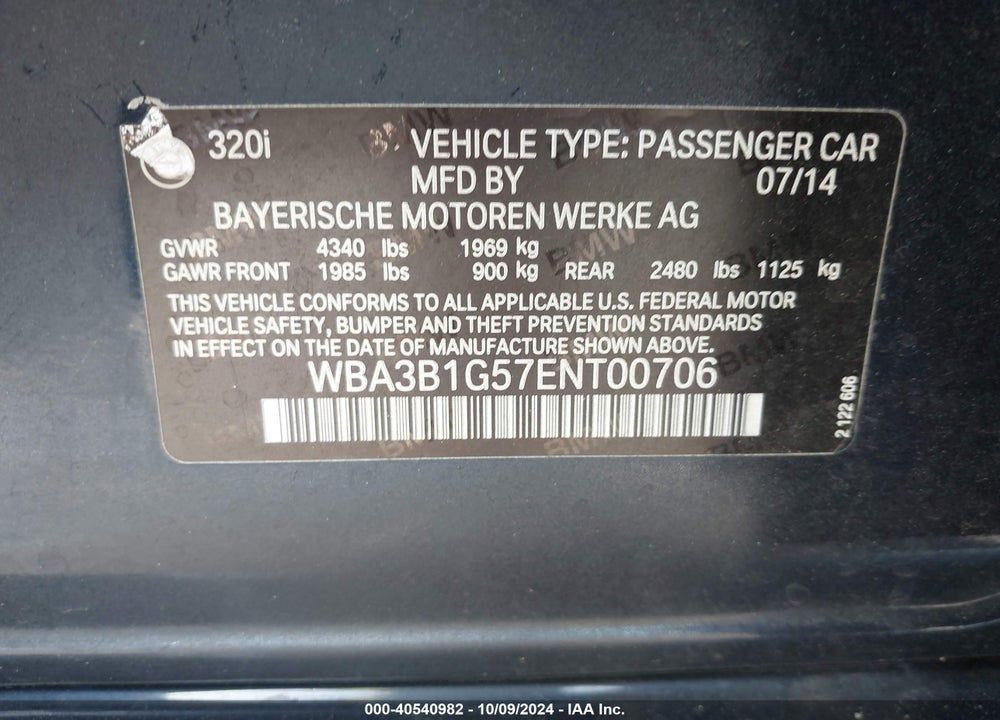 2014 BMW 320I VIN: WBA3B1G57ENT00706