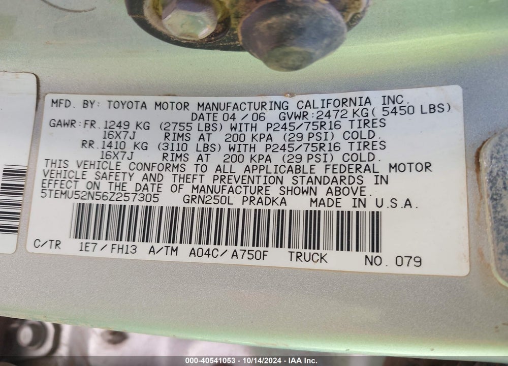 2006 TOYOTA TACOMA BASE V6 VIN: 5TEMU52N56Z257305