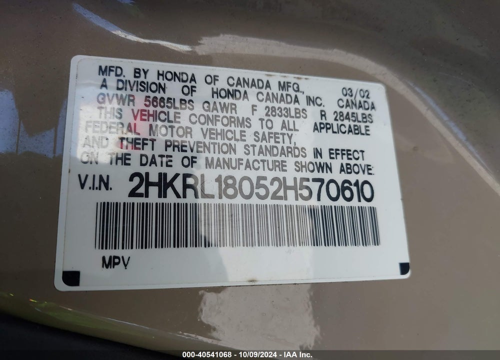 2002 HONDA ODYSSEY EX-L VIN: 2HKRL18052H570610