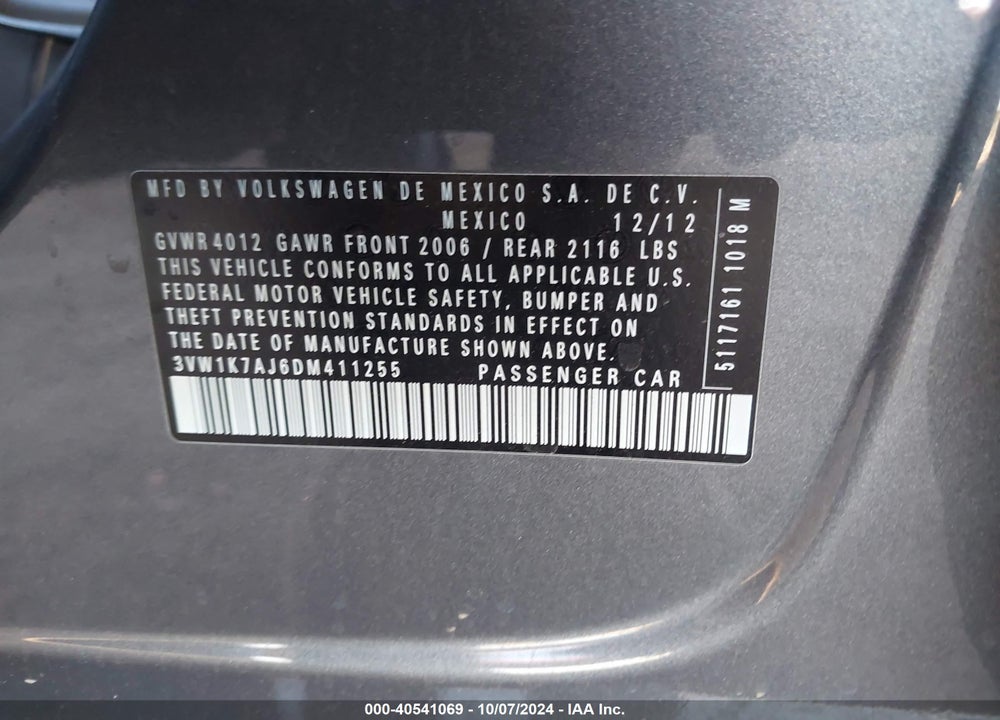2013 VOLKSWAGEN JETTA 2.0L S VIN: 3VW1K7AJ6DM411255