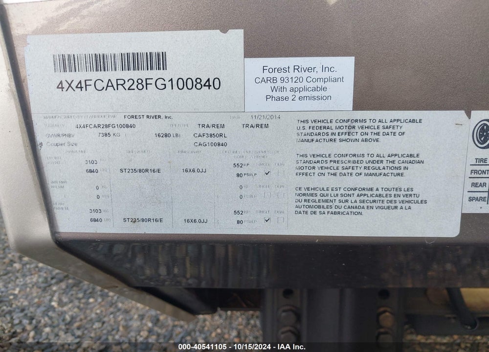 2015 FOREST RIVER 3850RL VIN: 4X4FCAR28FG100840