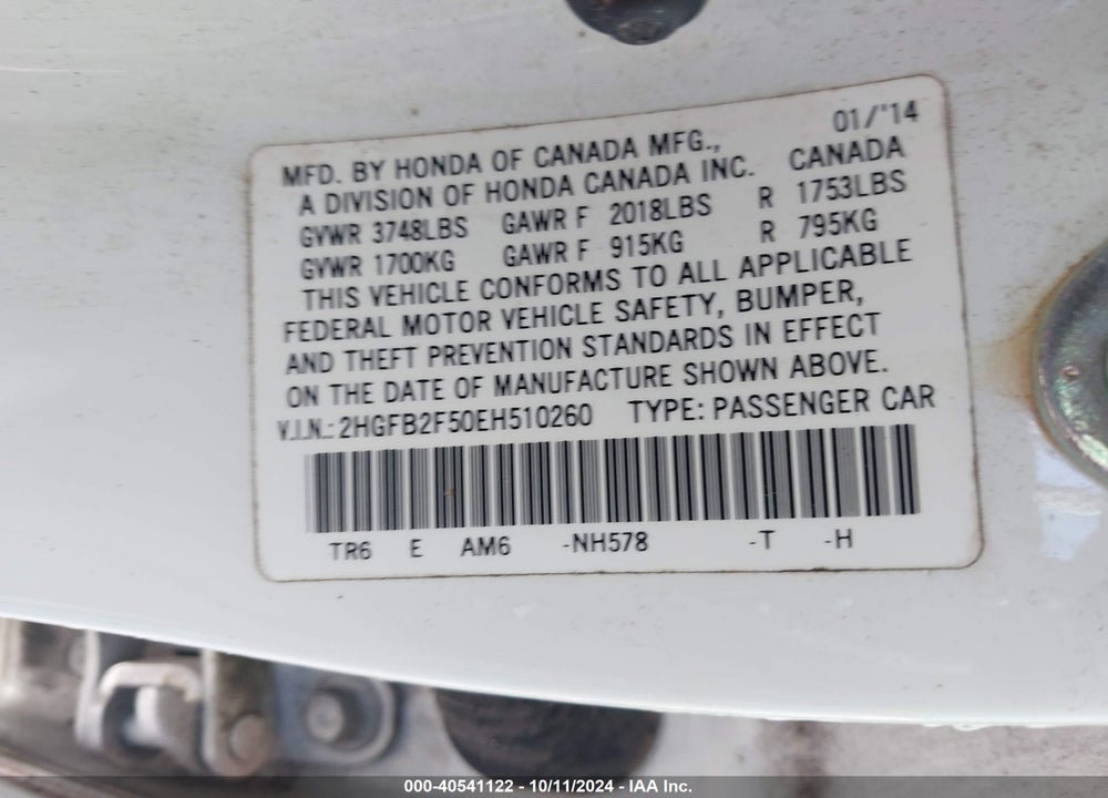 2014 HONDA CIVIC LX VIN: 2HGFB2F50EH510260